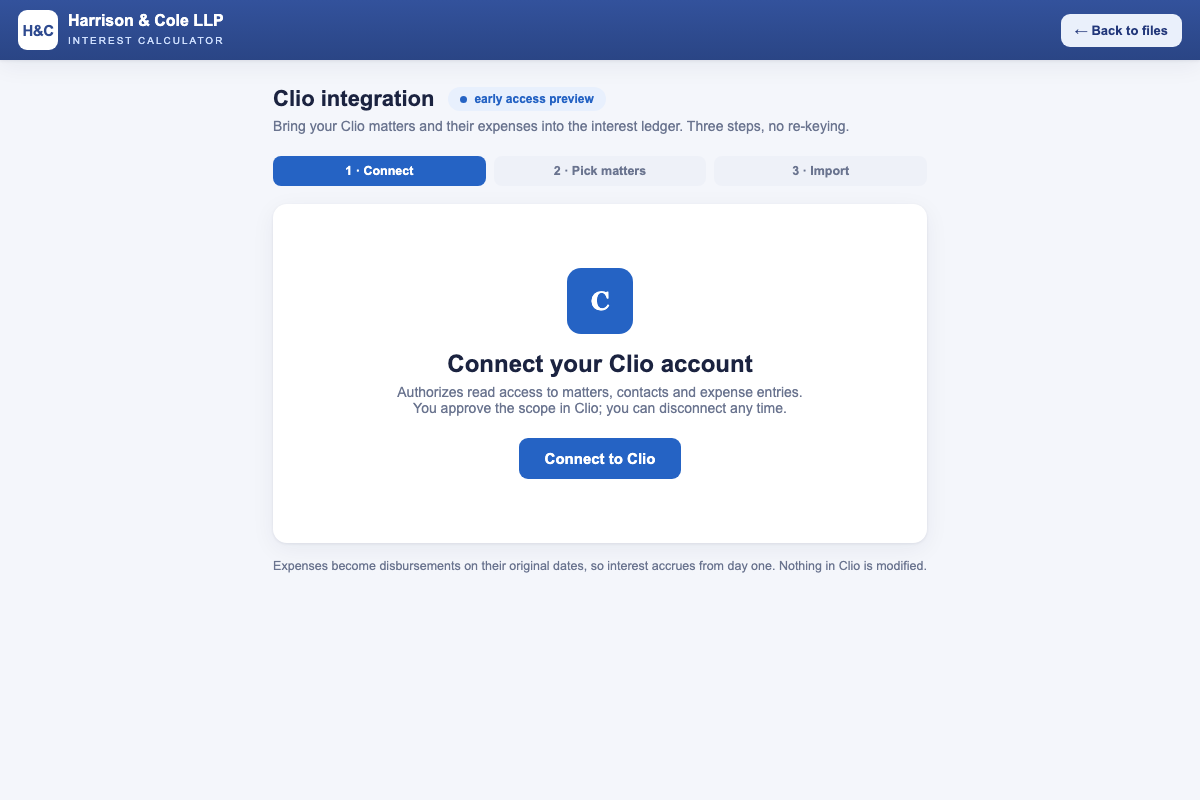 Step 1: the Connect your Clio account screen with a single Connect to Clio button
