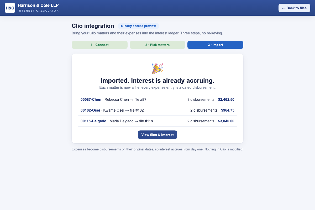 Step 3: import confirmation showing each matter now a file with its disbursements and totals