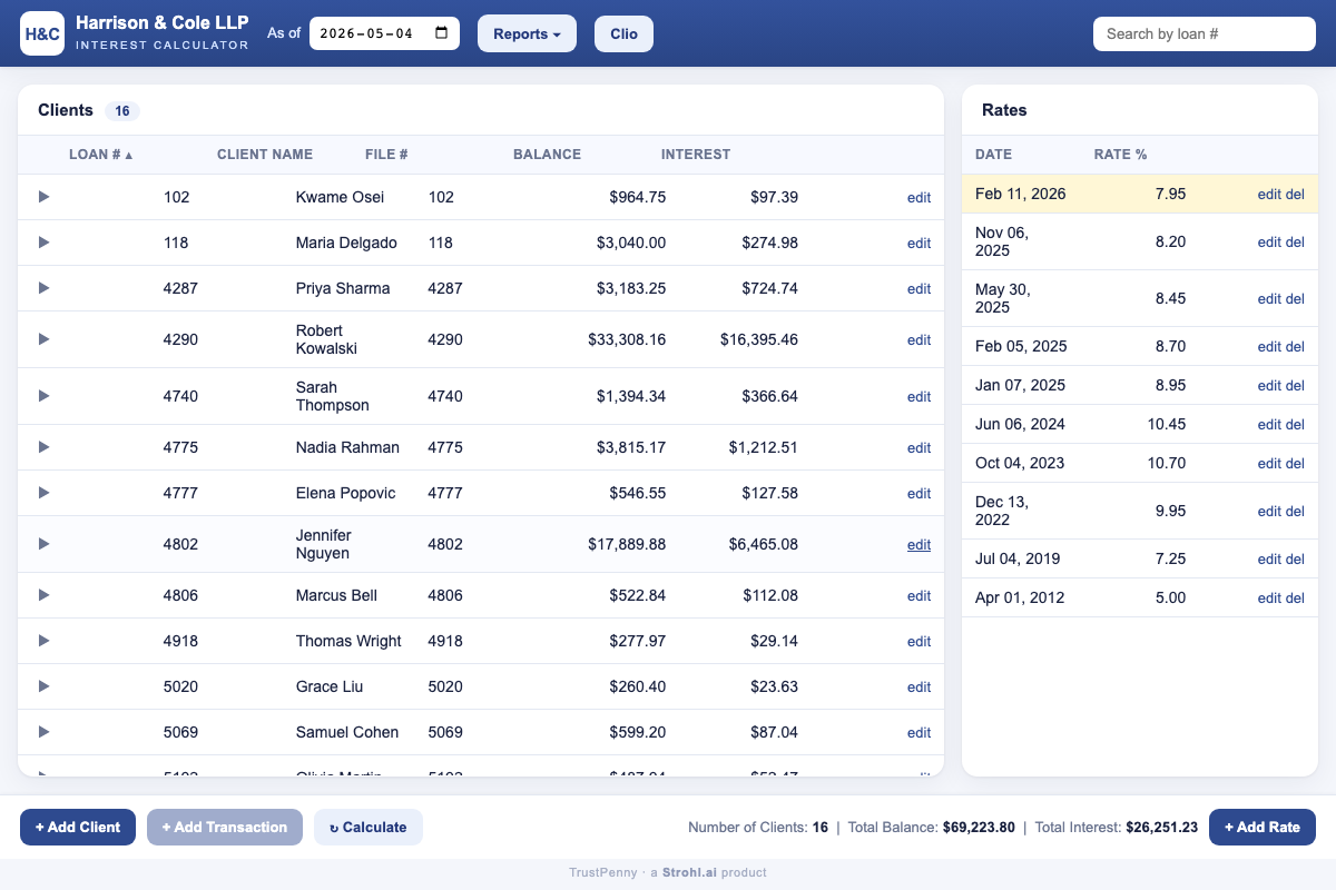 The main ledger after import: the Clio matters listed as files with balances and accrued interest